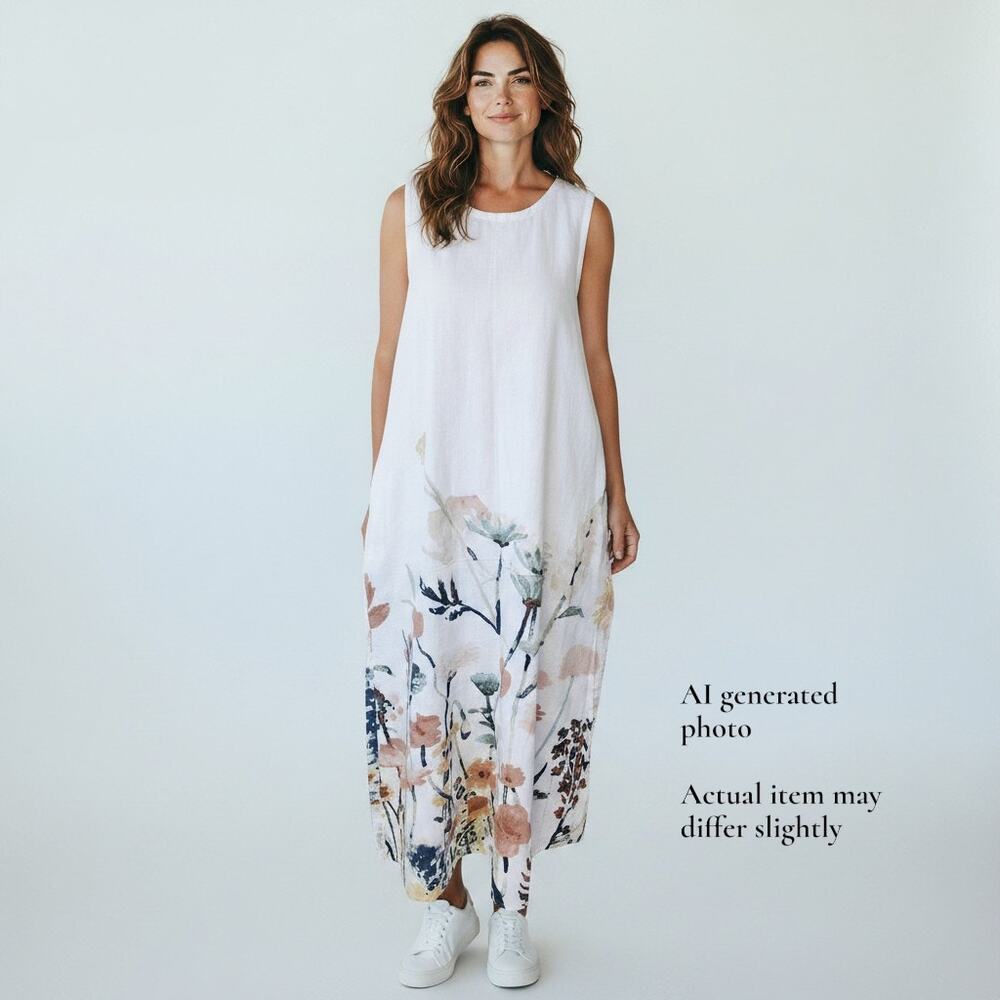 White Cotton Linen Botanical Floral Maxi Sleeveless Dress Pockets Size Large
